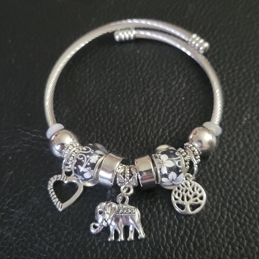 Elephant, tree of life, heart charm bangle bracelet, floral beads